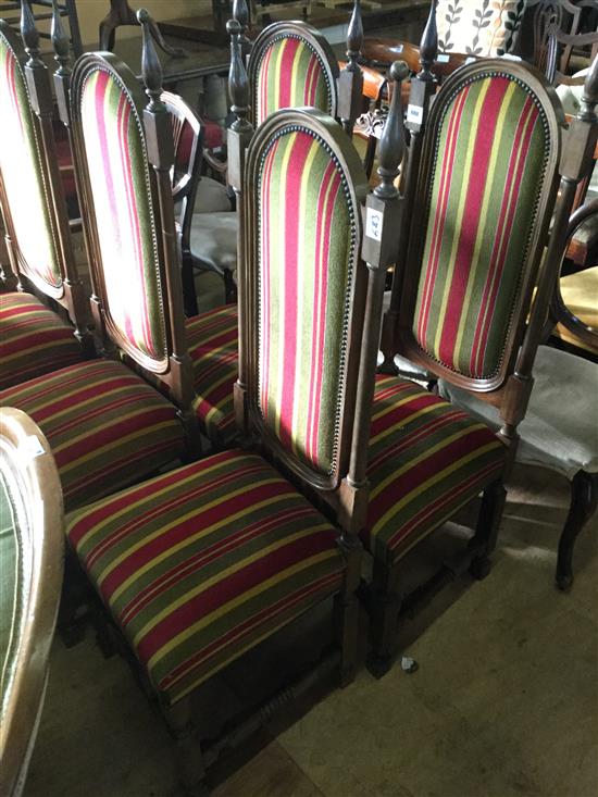 Set six Portuguese walnut high backed dining chairs, with striped upholstery(-)